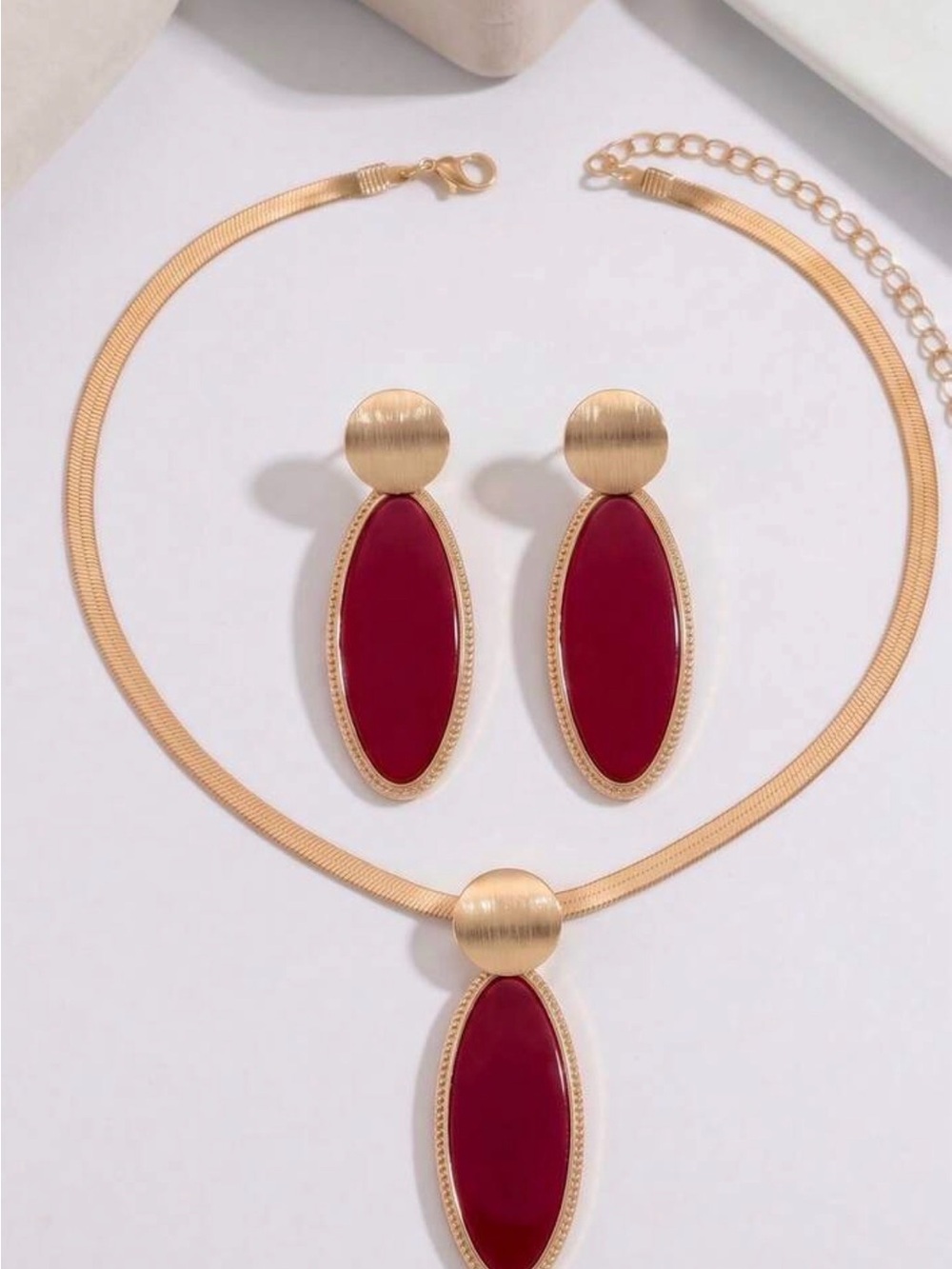 Gold Necklace and Earring Set with Burgundy Oval Stone - Women Jewelry